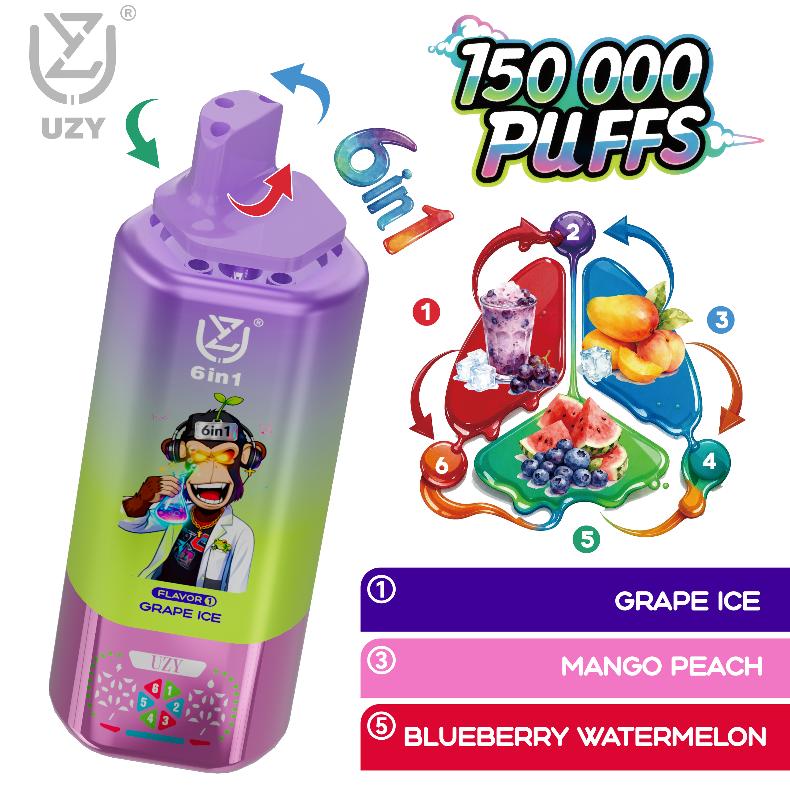 UZY 6 IN 1 150000 Disposable Vape | 6 Flavors 150K Puffs - Image 4