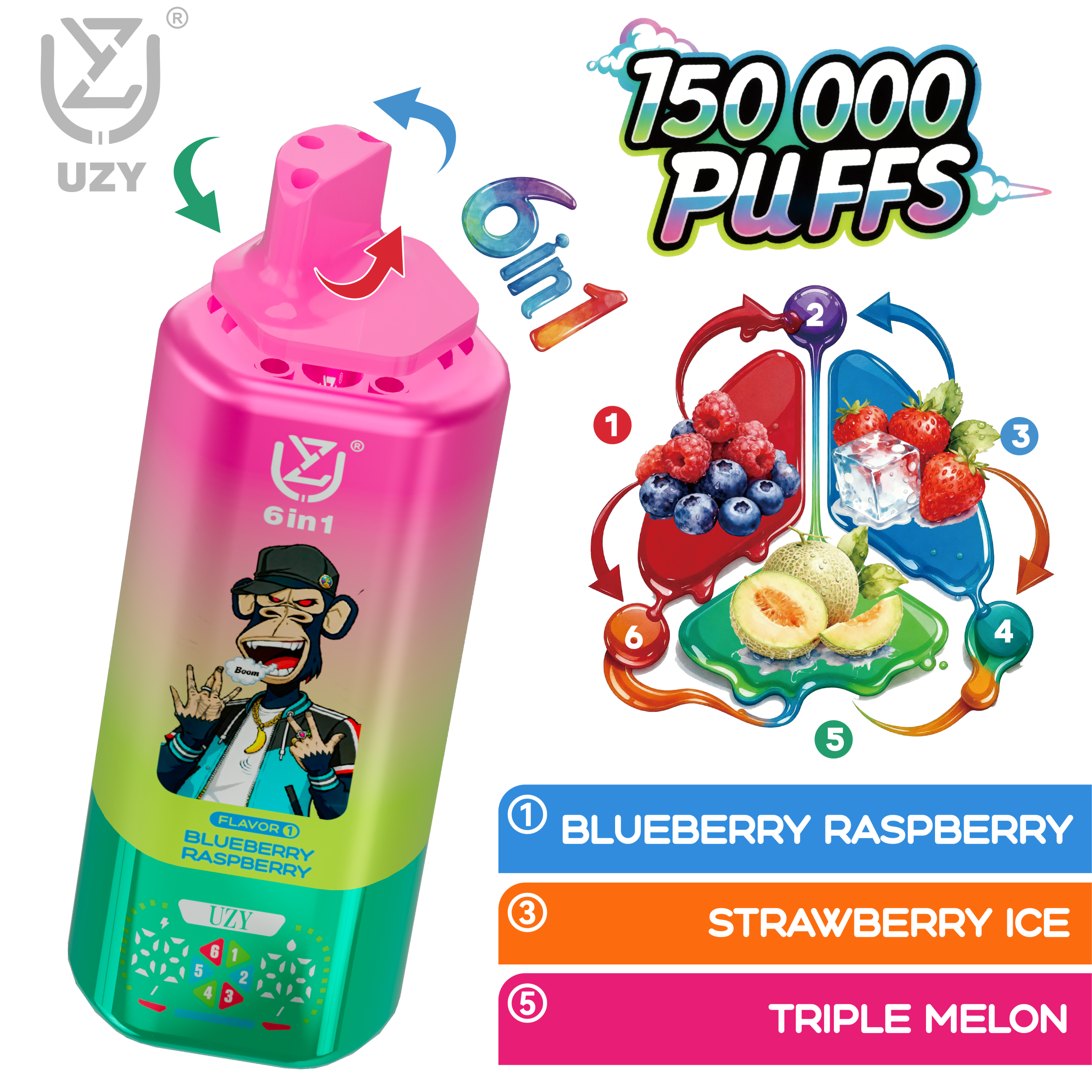 UZY 6 IN 1 150000 Disposable Vape | 6 Flavors 150K Puffs - Image 3